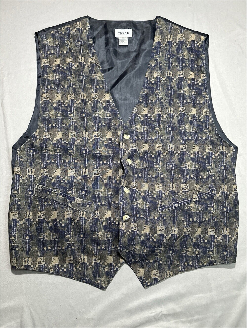 Cezar Silk Vest XL X Large Green Tan Black Lightweight Formal V-Neck Button